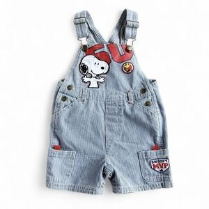Vintage 90s Y2K Snoopy Shortalls Denim Stripe Peanuts MVP Baby Boys 18M Overalls
